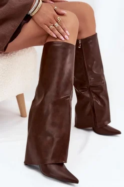 Ocieplane Kozaki Na Szpilce Z Wywiniętą Cholewką Czekoladowe Tamonia