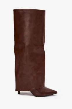 Ocieplane Kozaki Na Szpilce Z Wywiniętą Cholewką Czekoladowe Tamonia