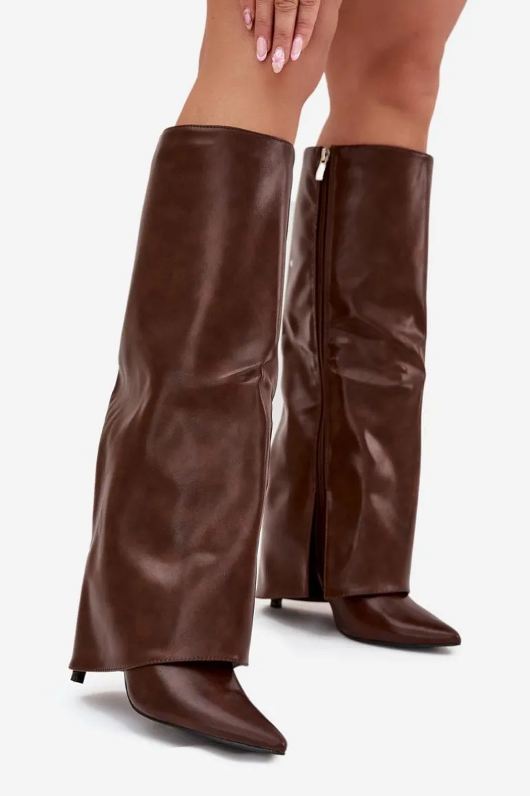 Ocieplane Kozaki Na Szpilce Z Wywiniętą Cholewką Czekoladowe Tamonia