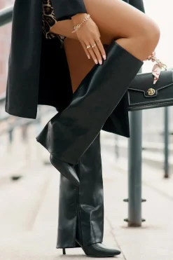 Ocieplane Kozaki Na Szpilce Z Wywiniętą Cholewką Czarne Tamonia