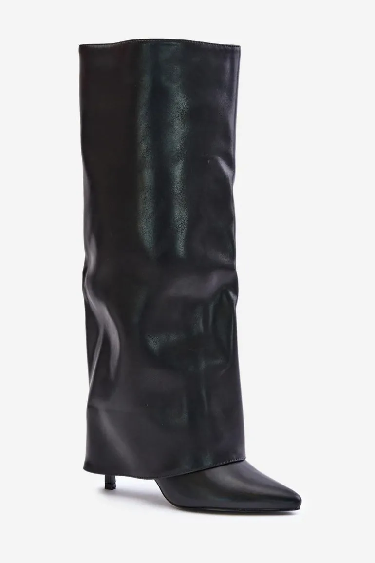 Ocieplane Kozaki Na Szpilce Z Wywiniętą Cholewką Czarne Tamonia