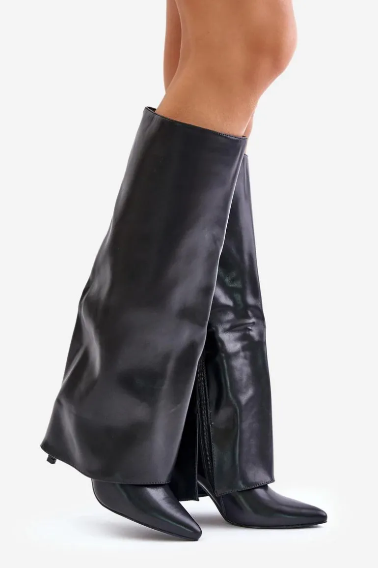 Ocieplane Kozaki Na Szpilce Z Wywiniętą Cholewką Czarne Tamonia