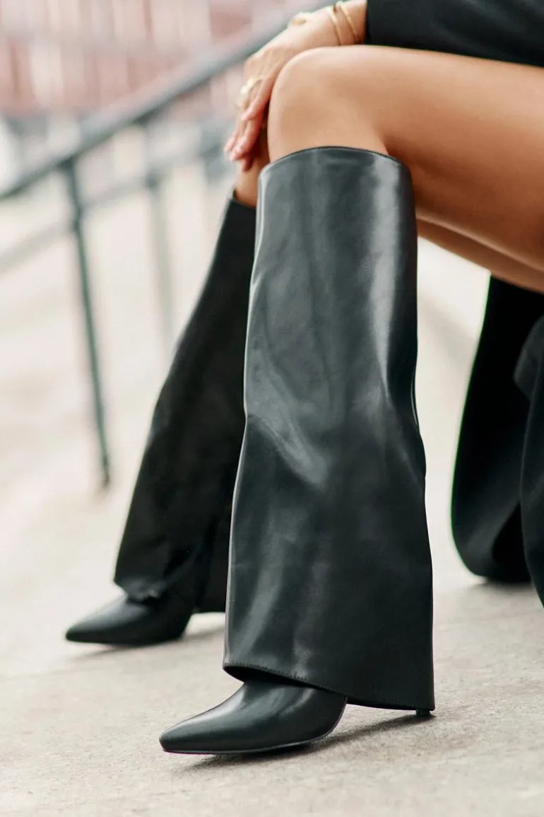 Ocieplane Kozaki Na Szpilce Z Wywiniętą Cholewką Czarne Tamonia