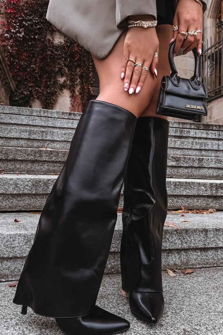 Ocieplane Kozaki Na Szpilce Z Wywiniętą Cholewką Czarne Tamonia