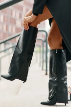 Ocieplane Kozaki Na Szpilce Z Wywiniętą Cholewką Czarne Tamonia