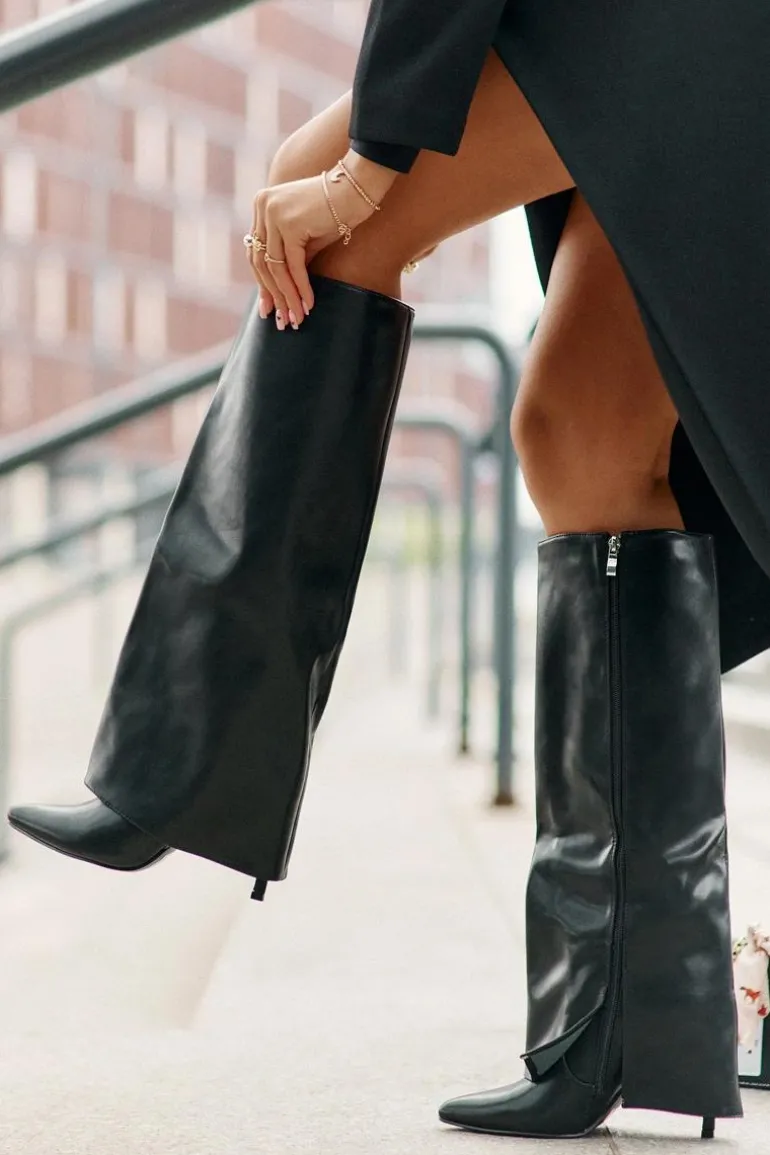 Ocieplane Kozaki Na Szpilce Z Wywiniętą Cholewką Czarne Tamonia