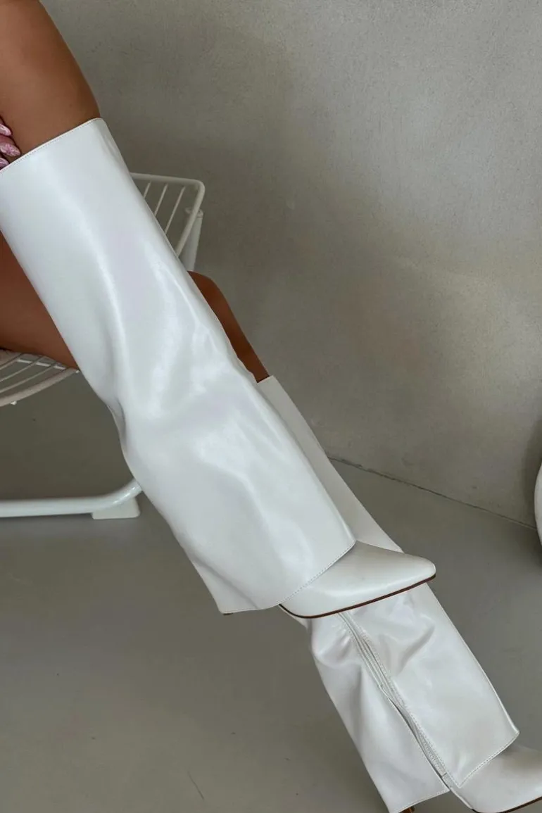 Ocieplane Kozaki Na Szpilce Z Wywiniętą Cholewką Białe Tamonia