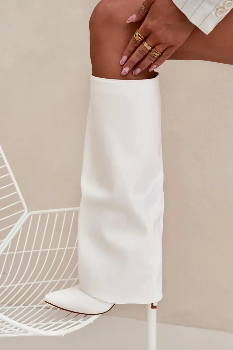 Ocieplane Kozaki Na Szpilce Z Wywiniętą Cholewką Białe Tamonia