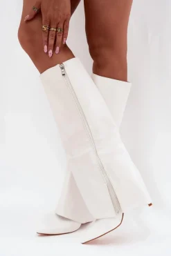 Ocieplane Kozaki Na Szpilce Z Wywiniętą Cholewką Białe Tamonia