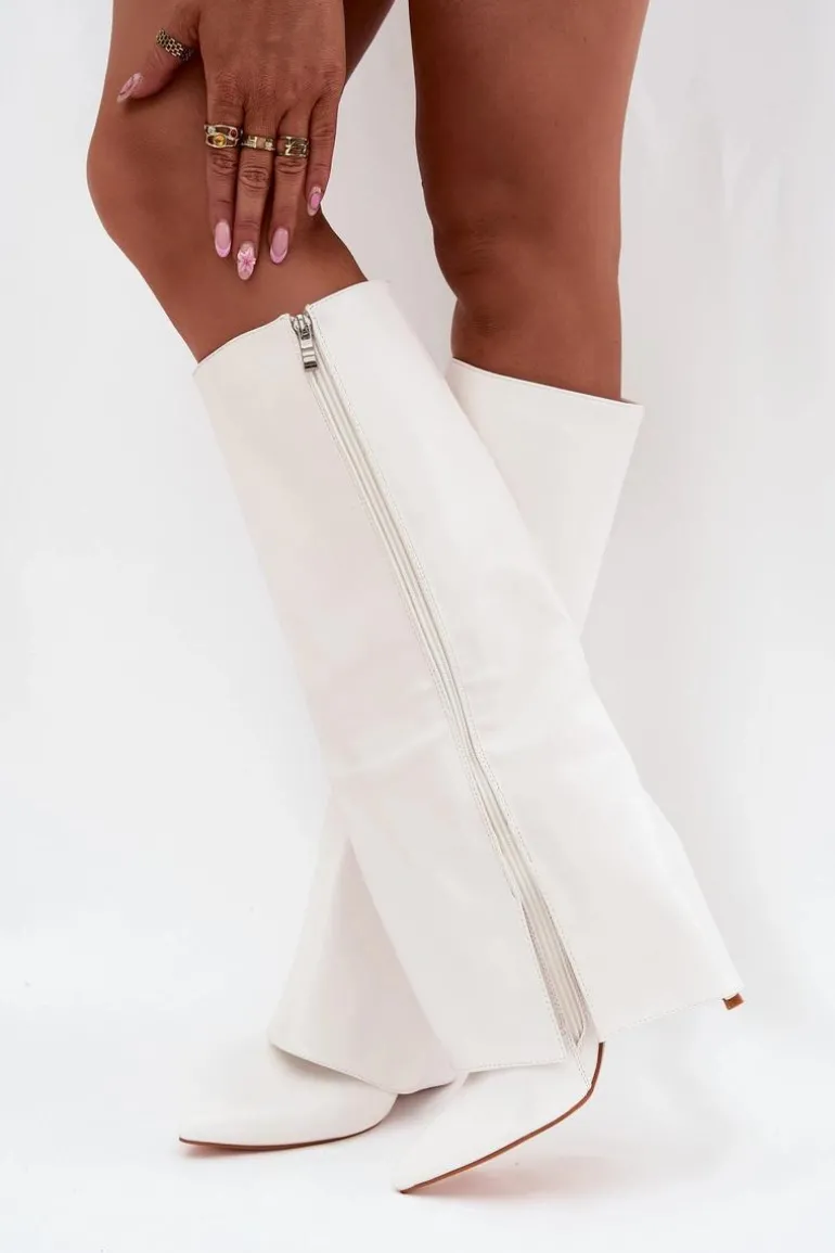 Ocieplane Kozaki Na Szpilce Z Wywiniętą Cholewką Białe Tamonia