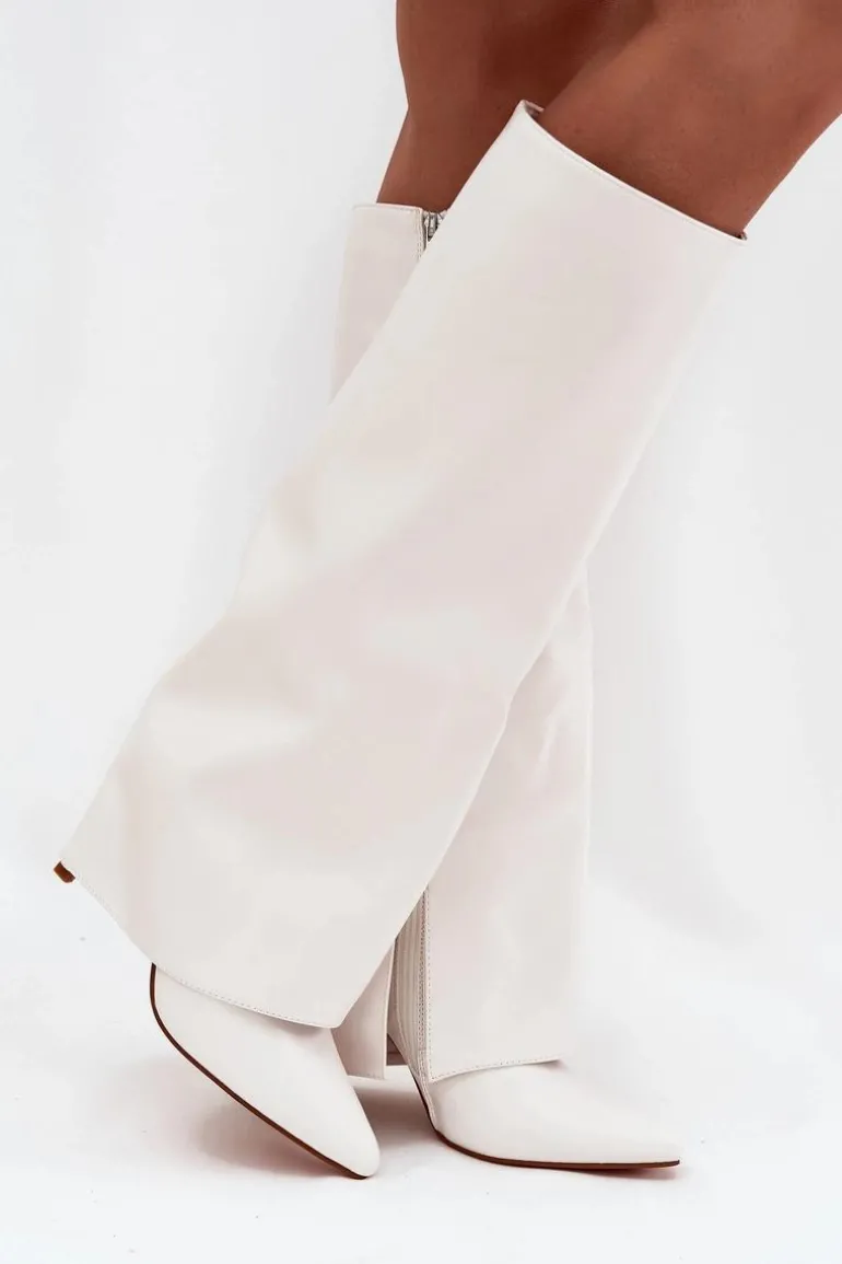 Ocieplane Kozaki Na Szpilce Z Wywiniętą Cholewką Białe Tamonia