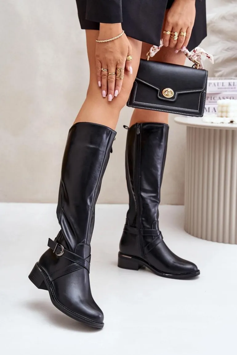 Ocieplane Kozaki Przed Kolano Z Klamrą Na Zamek Czarne Seavella