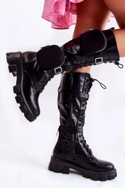 Ocieplane Kozaki Z Torebkami Czarne Military