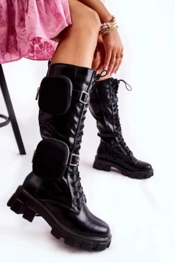 Ocieplane Kozaki Z Torebkami Czarne Military