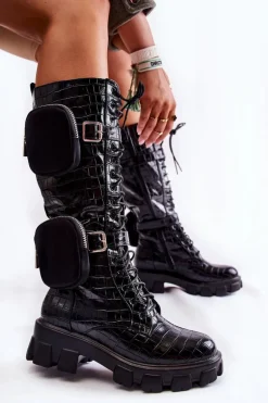 Ocieplane Kozaki Z Torebkami I Zwierzęcym Wzorem Czarne Military