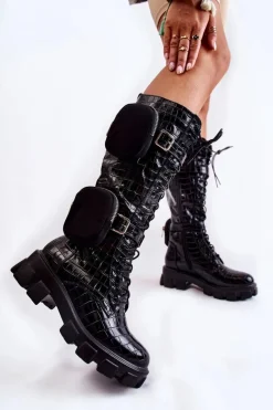 Ocieplane Kozaki Z Torebkami I Zwierzęcym Wzorem Czarne Military