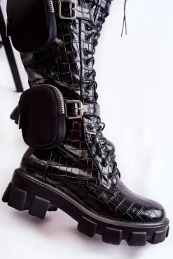 Ocieplane Kozaki Z Torebkami I Zwierzęcym Wzorem Czarne Military