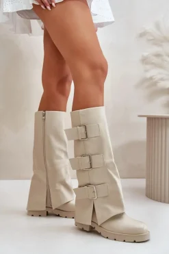 Ocieplane Kozaki Z Wywiniętą Cholewką I Klamrami Jasnobeżowe Cialetta