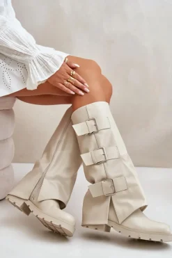 Ocieplane Kozaki Z Wywiniętą Cholewką I Klamrami Jasnobeżowe Cialetta