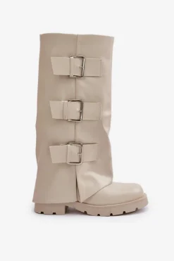 Ocieplane Kozaki Z Wywiniętą Cholewką I Klamrami Jasnobeżowe Cialetta