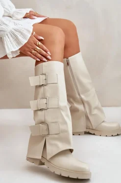 Ocieplane Kozaki Z Wywiniętą Cholewką I Klamrami Jasnobeżowe Cialetta