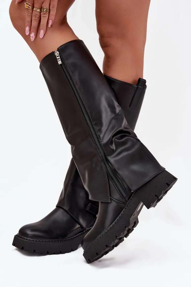 Ocieplane Kozaki Z Wywiniętą Cholewką I Klamrą Czarne Fiorae