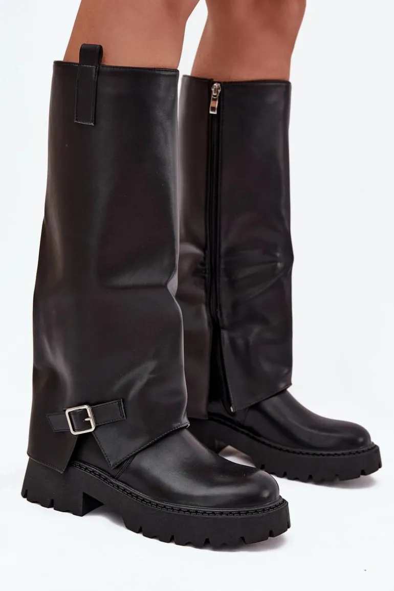 Ocieplane Kozaki Z Wywiniętą Cholewką I Klamrą Czarne Fiorae