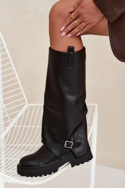 Ocieplane Kozaki Z Wywiniętą Cholewką I Klamrą Czarne Fiorae