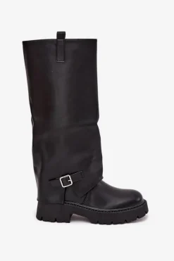 Ocieplane Kozaki Z Wywiniętą Cholewką I Klamrą Czarne Fiorae