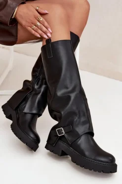 Ocieplane Kozaki Z Wywiniętą Cholewką I Klamrą Czarne Fiorae