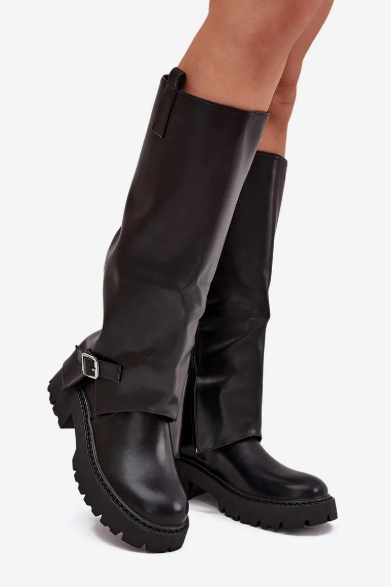 Ocieplane Kozaki Z Wywiniętą Cholewką I Klamrą Czarne Fiorae