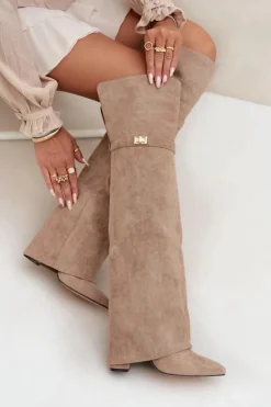 Ocieplane Kozaki Z Wywiniętą Cholewką Za Kolano Obcas Słupek Beżowe Serelle