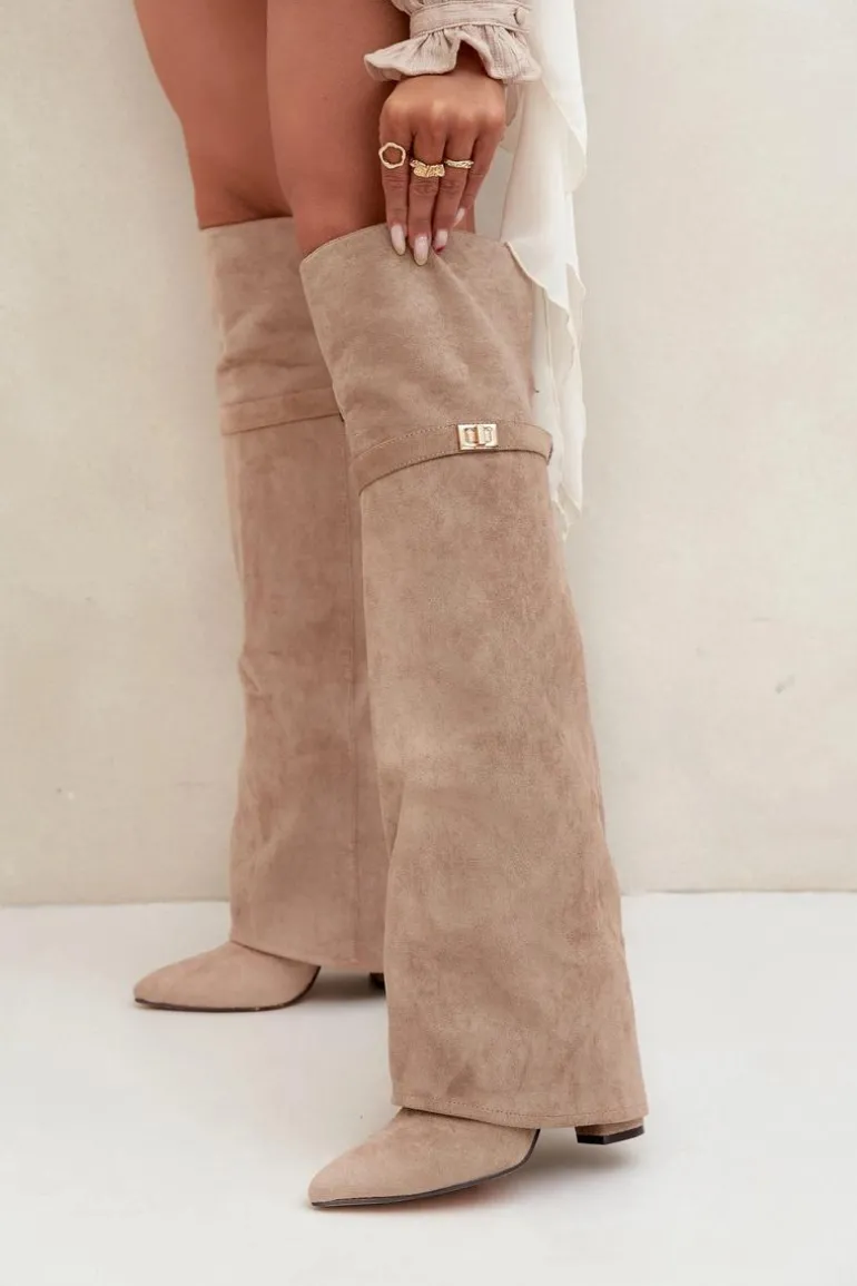 Ocieplane Kozaki Z Wywiniętą Cholewką Za Kolano Obcas Słupek Beżowe Serelle