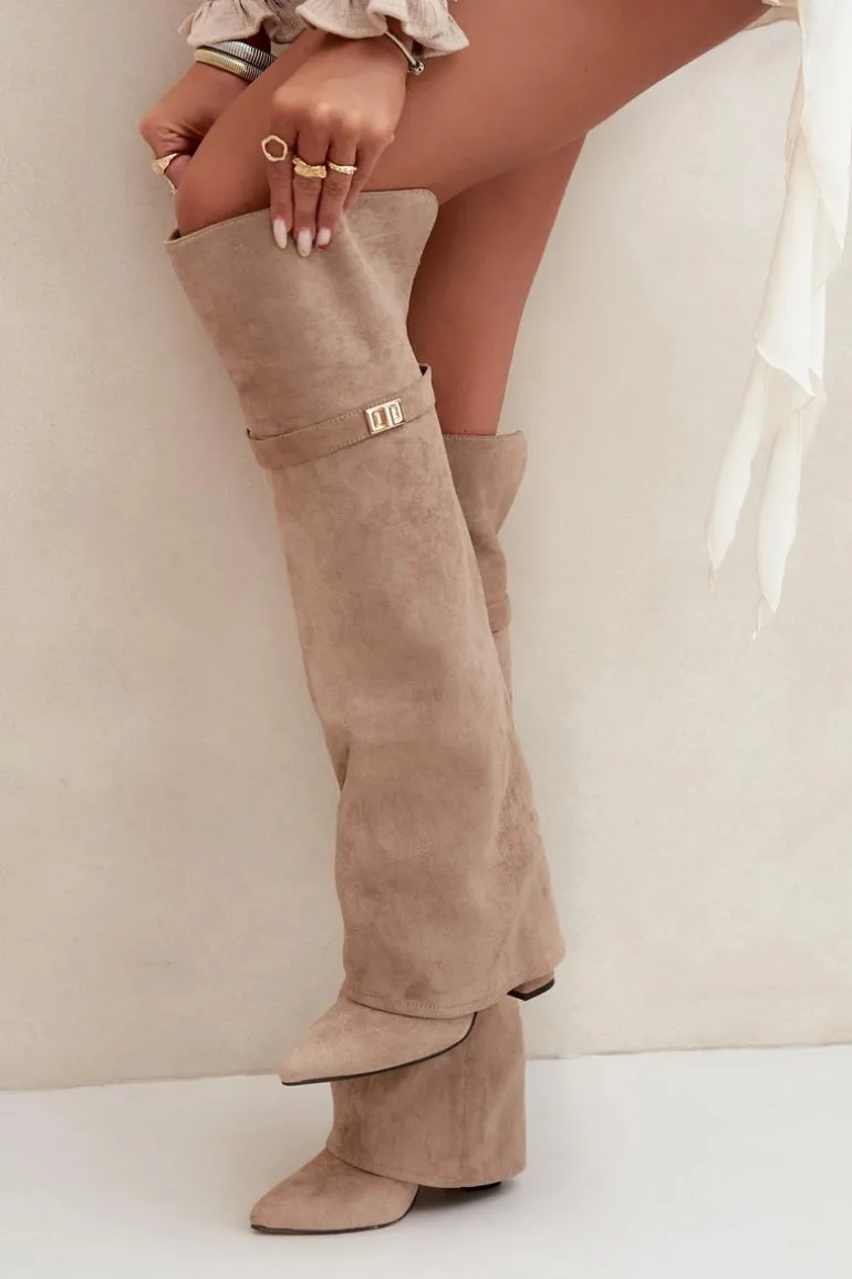 Ocieplane Kozaki Z Wywiniętą Cholewką Za Kolano Obcas Słupek Beżowe Serelle