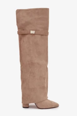 Ocieplane Kozaki Z Wywiniętą Cholewką Za Kolano Obcas Słupek Beżowe Serelle