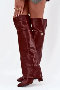 Ocieplane Kozaki Z Wywiniętą Cholewką Za Kolano Obcas Słupek Bordowe Serelle