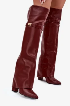 Ocieplane Kozaki Z Wywiniętą Cholewką Za Kolano Obcas Słupek Bordowe Serelle