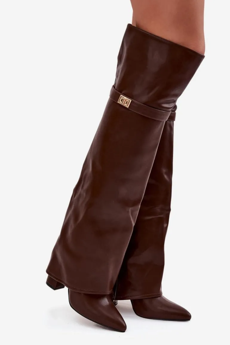 Ocieplane Kozaki Z Wywiniętą Cholewką Za Kolano Obcas Słupek Brązowe Serelle