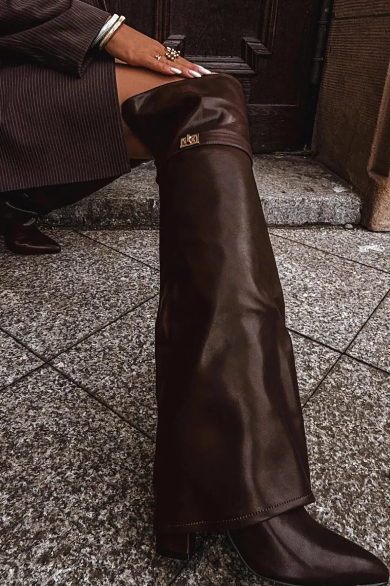 Ocieplane Kozaki Z Wywiniętą Cholewką Za Kolano Obcas Słupek Brązowe Serelle