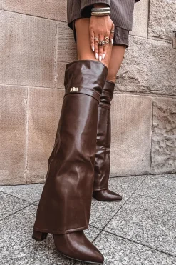 Ocieplane Kozaki Z Wywiniętą Cholewką Za Kolano Obcas Słupek Brązowe Serelle