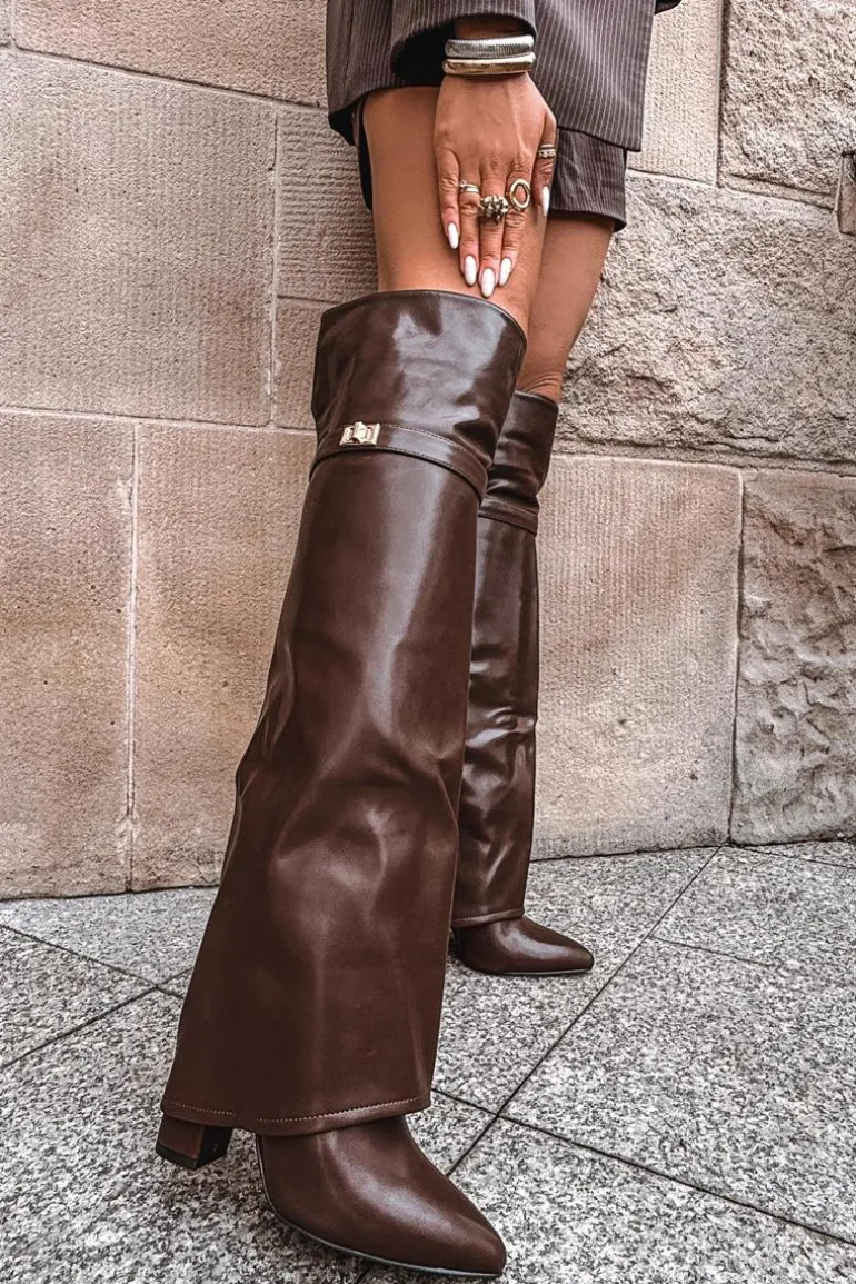 Ocieplane Kozaki Z Wywiniętą Cholewką Za Kolano Obcas Słupek Brązowe Serelle