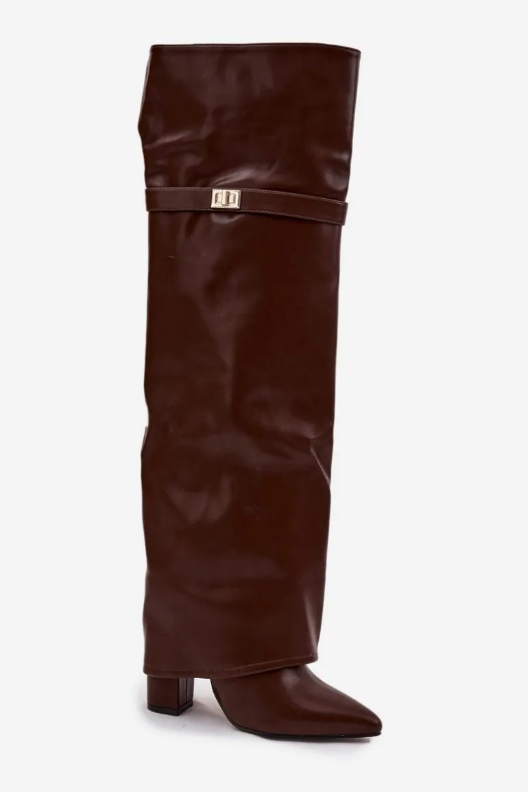 Ocieplane Kozaki Z Wywiniętą Cholewką Za Kolano Obcas Słupek Brązowe Serelle