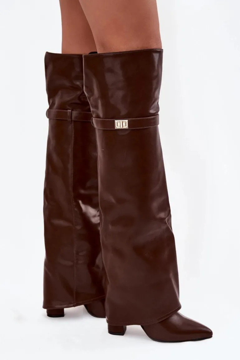 Ocieplane Kozaki Z Wywiniętą Cholewką Za Kolano Obcas Słupek Brązowe Serelle