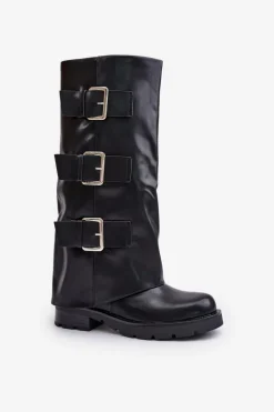 Ocieplane Kozaki Z Wywiniętą Cholewką I Klamrami Czarne Cialetta