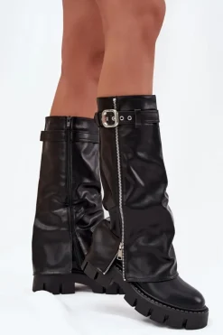 Ocieplane Kozaki Z Wywiniętą Cholewką Klamrą I Srebrnym Zamkiem Czarne Armena