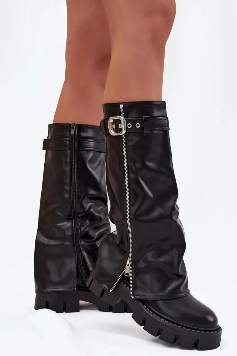 Ocieplane Kozaki Z Wywiniętą Cholewką Klamrą I Srebrnym Zamkiem Czarne Armena