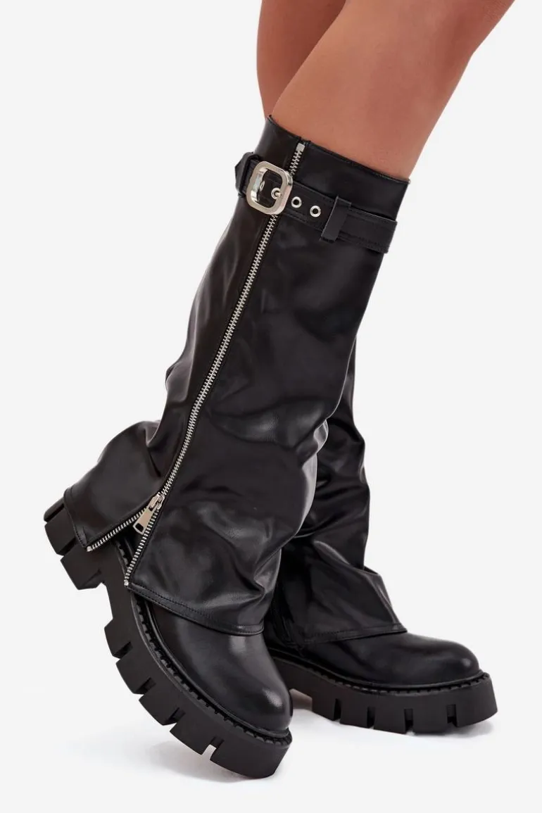 Ocieplane Kozaki Z Wywiniętą Cholewką Klamrą I Srebrnym Zamkiem Czarne Armena