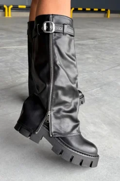 Ocieplane Kozaki Z Wywiniętą Cholewką Klamrą I Srebrnym Zamkiem Czarne Armena