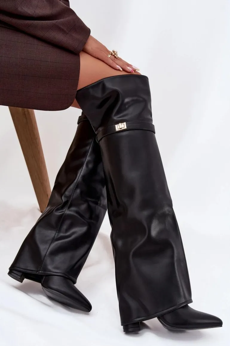 Ocieplane Kozaki Z Wywiniętą Cholewką Za Kolano Obcas Słupek Czarne Serelle