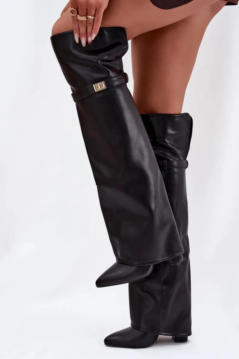Ocieplane Kozaki Z Wywiniętą Cholewką Za Kolano Obcas Słupek Czarne Serelle